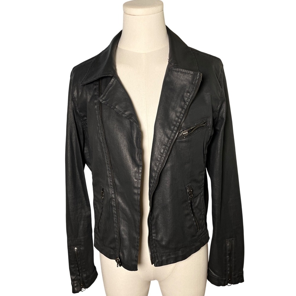 AG Adriano Goldschmied Coated Moto Jacket Black Biker Style Made In USA Size L‎